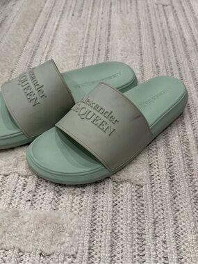 Alexander McQueen Mint Green Logo Slide Sandals